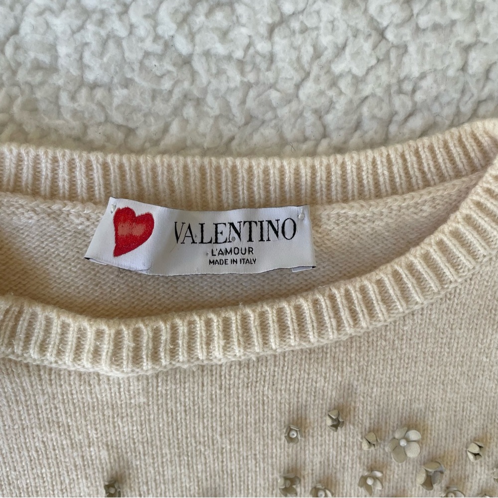 Valentino L’Amour Ivory 100% Cashmere Sweater Red Floral Heart Leather Italy - Picture 15 of 16